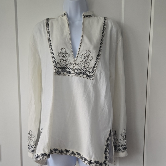 Zara Cream Long Sleeve Embroidered Tunic with Mandarin Collar - Picture 1 of 5